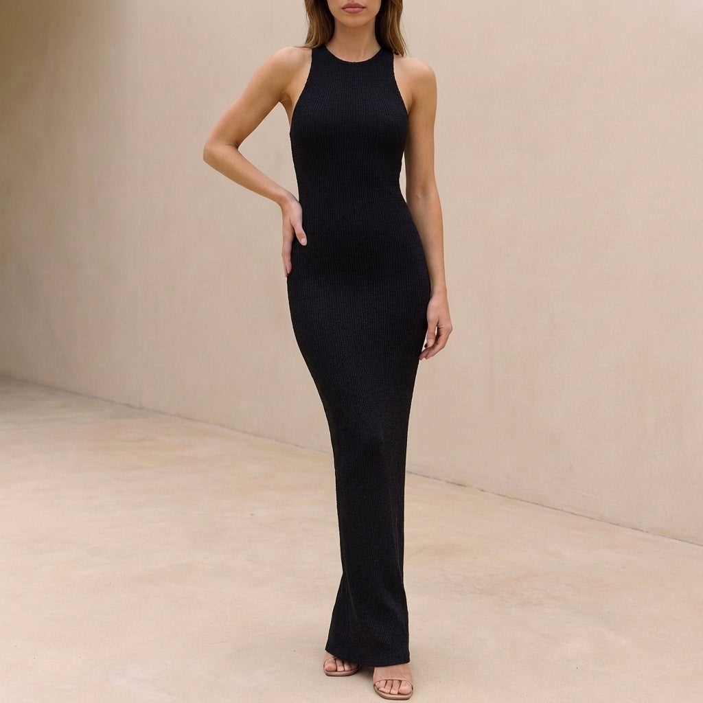 Amelia Ribbed Slim Fit Maxi Dress | Sleeveless Crewneck Dress