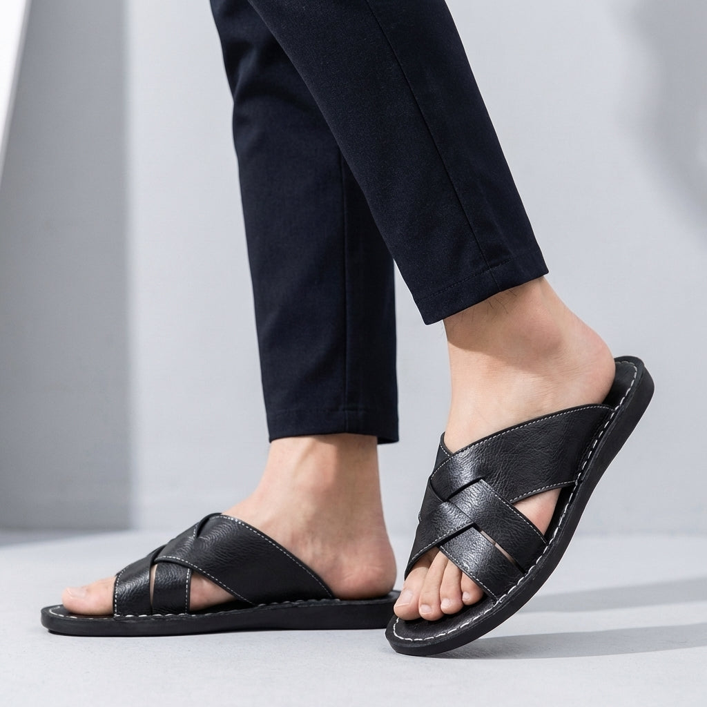 Oscar Standard Fit Slide Sandal | Criss-Cross Straps Contrast Stitching Slide Sandal