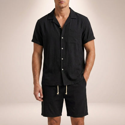 Theo Relaxed Fit Short Sleeve Shirt and Drawstring Shorts Two-Piece Set | Solid Casual Menswear