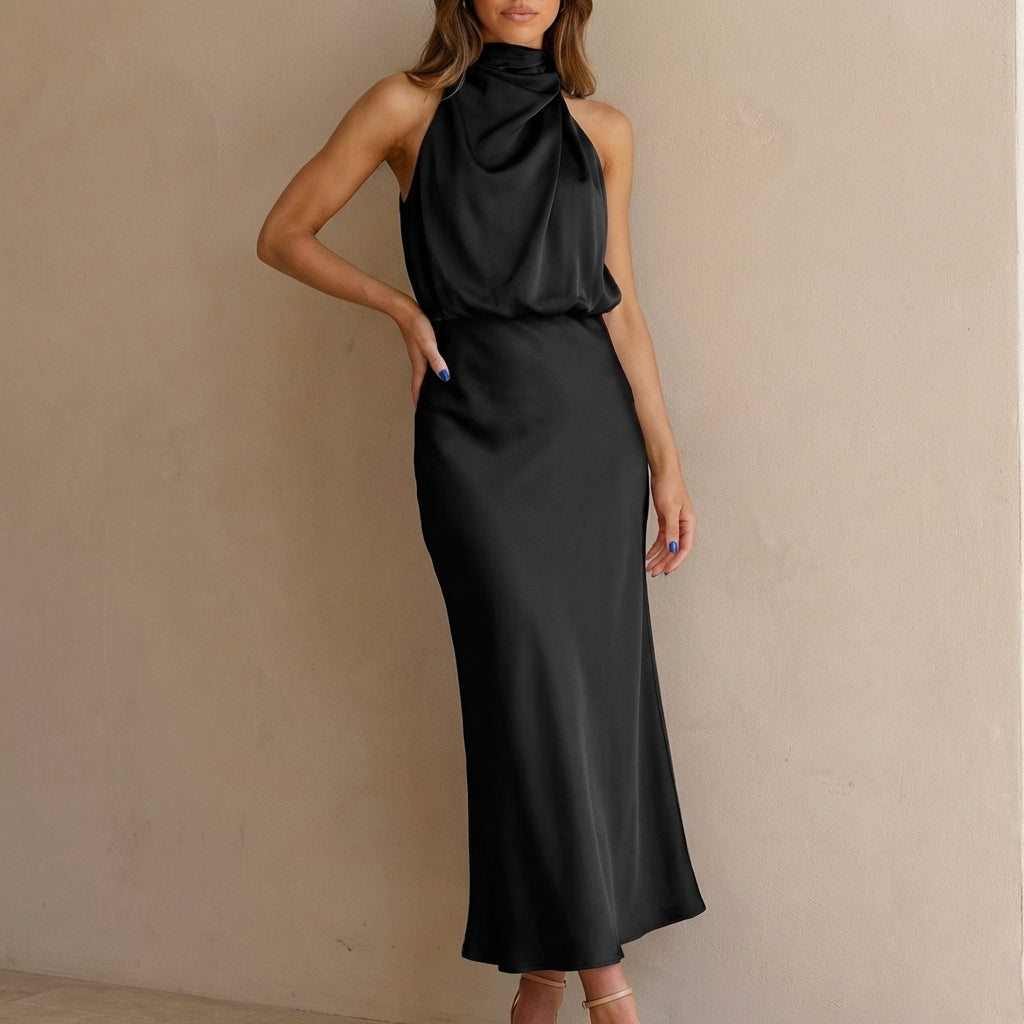Isabella Draped Halter Neck Midi Dress | Sleeveless Body Skimming Dress