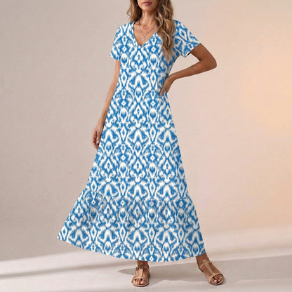 Freya Ikat Print Maxi Dress | V-Neck Ruffled Hem Dress