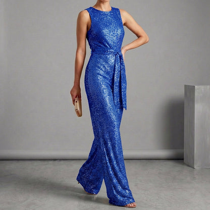 Isabella Wide Leg Glitter Embellished Jumpsuit | Belted Sleeveless Jumpsuit