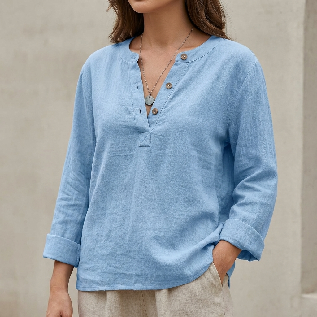 Isla Relaxed Fit Henley Shirt | Solid Button Placket Henley Shirt
