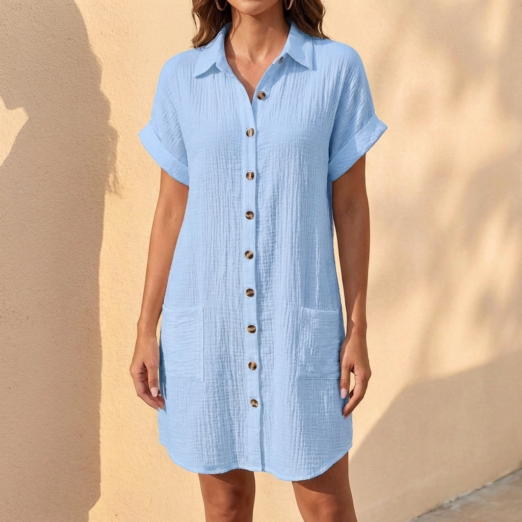 Isla Linen Relaxed Fit Shirt Dress | Collared Button Front Dress