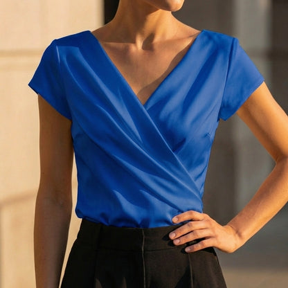 Isabella Draped Wrap Top | Wrap V-Neck Short Sleeve Top