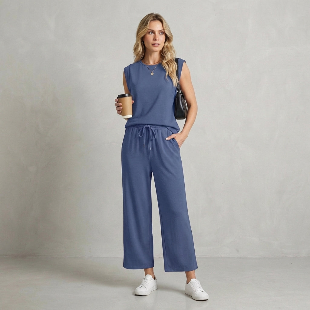 Isla Relaxed Fit Shoulder Pad Top And Pants Two-Piece Set | Solid Casual Wear