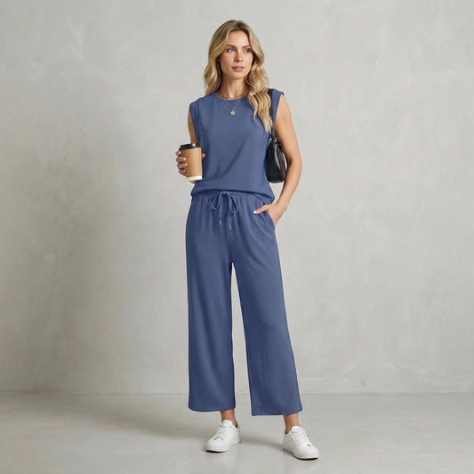 Isla Relaxed Fit Shoulder Pad Top And Pants Two-Piece Set | Solid Casual Wear