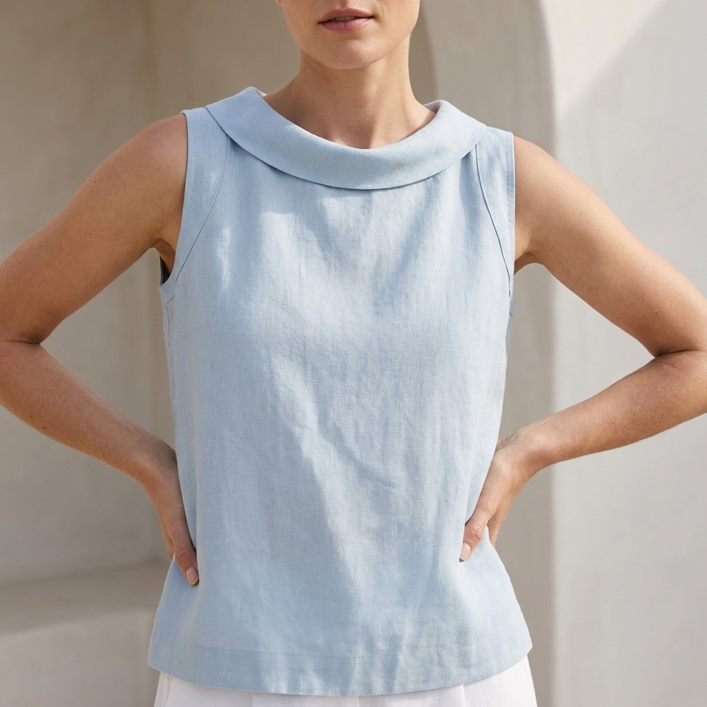 Maria Relaxed Fit Sleeveless Top | Roll Collar Curved Hem Top