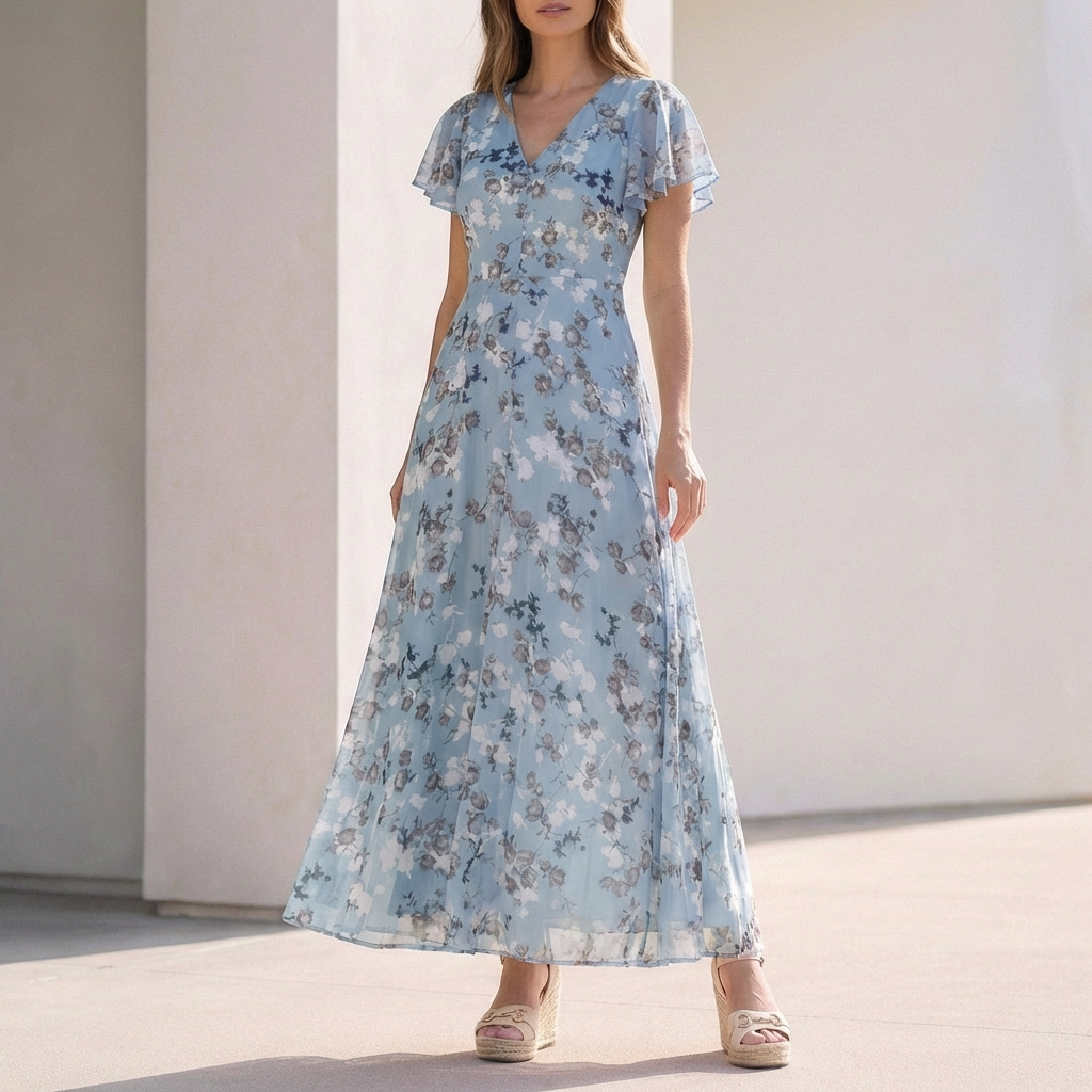 Isabella A-Line Maxi Dress | V-Neck Ruffled Dress