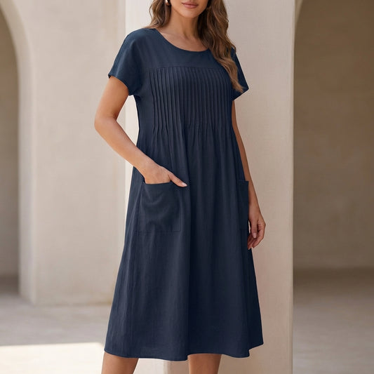 Sofia A-Line Dress | Pleated Patch Pockets Dress