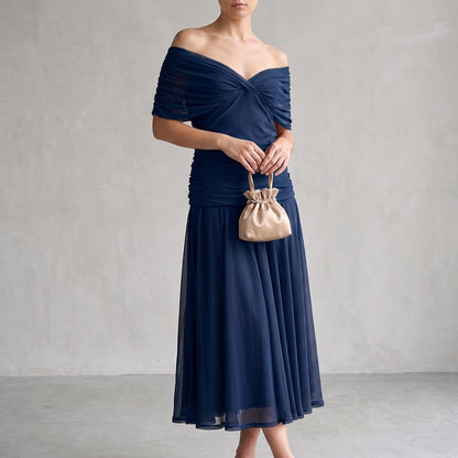 Aurora A-Line Midi Dress | Off-Shoulder Ruched Midi Dress