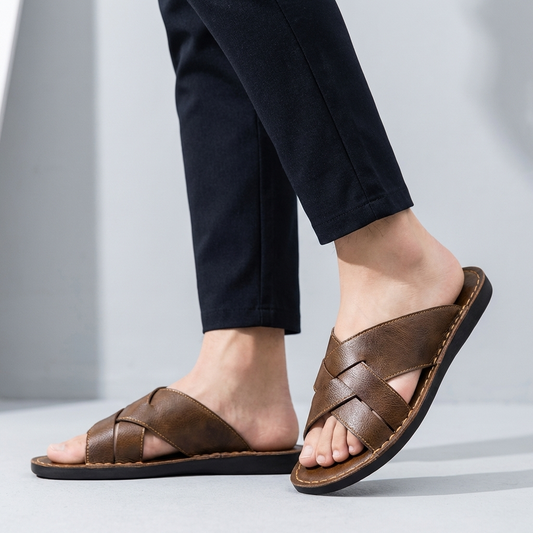 Oscar Standard Fit Slide Sandal | Criss-Cross Straps Contrast Stitching Slide Sandal