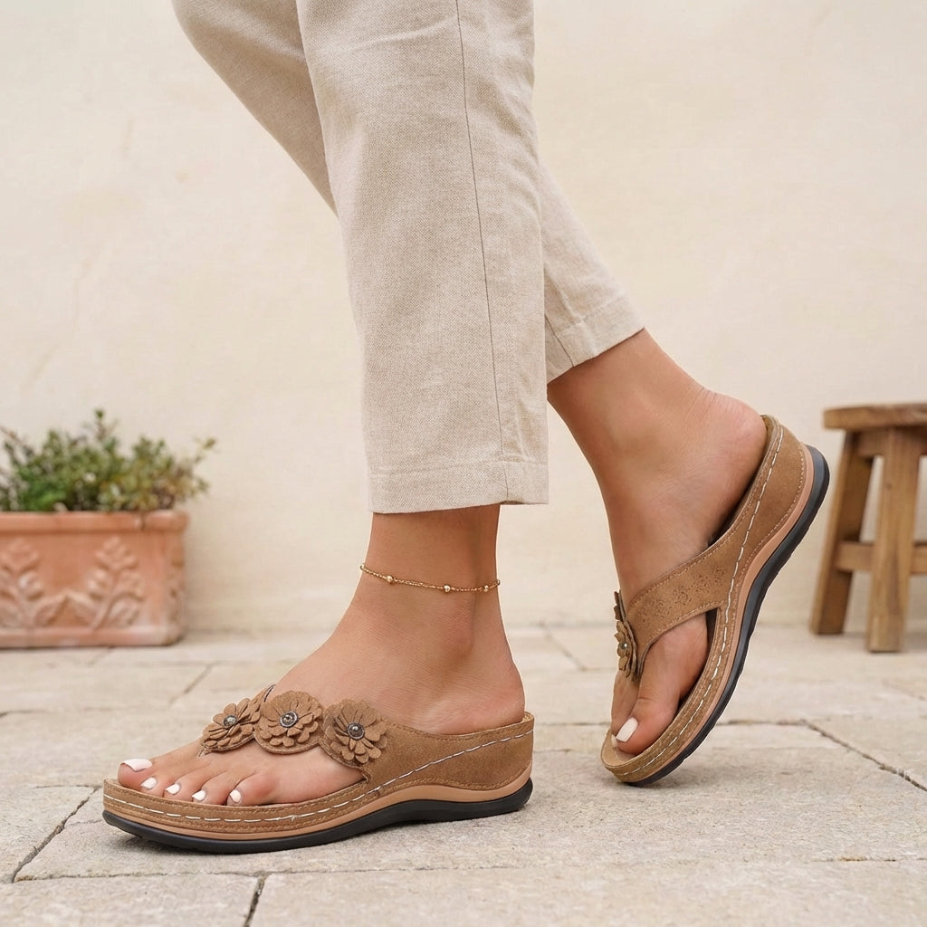 Florence Orthopedic Wedge Heel Wedge Sandals | Flower Applique Geometric Wedge Sandals