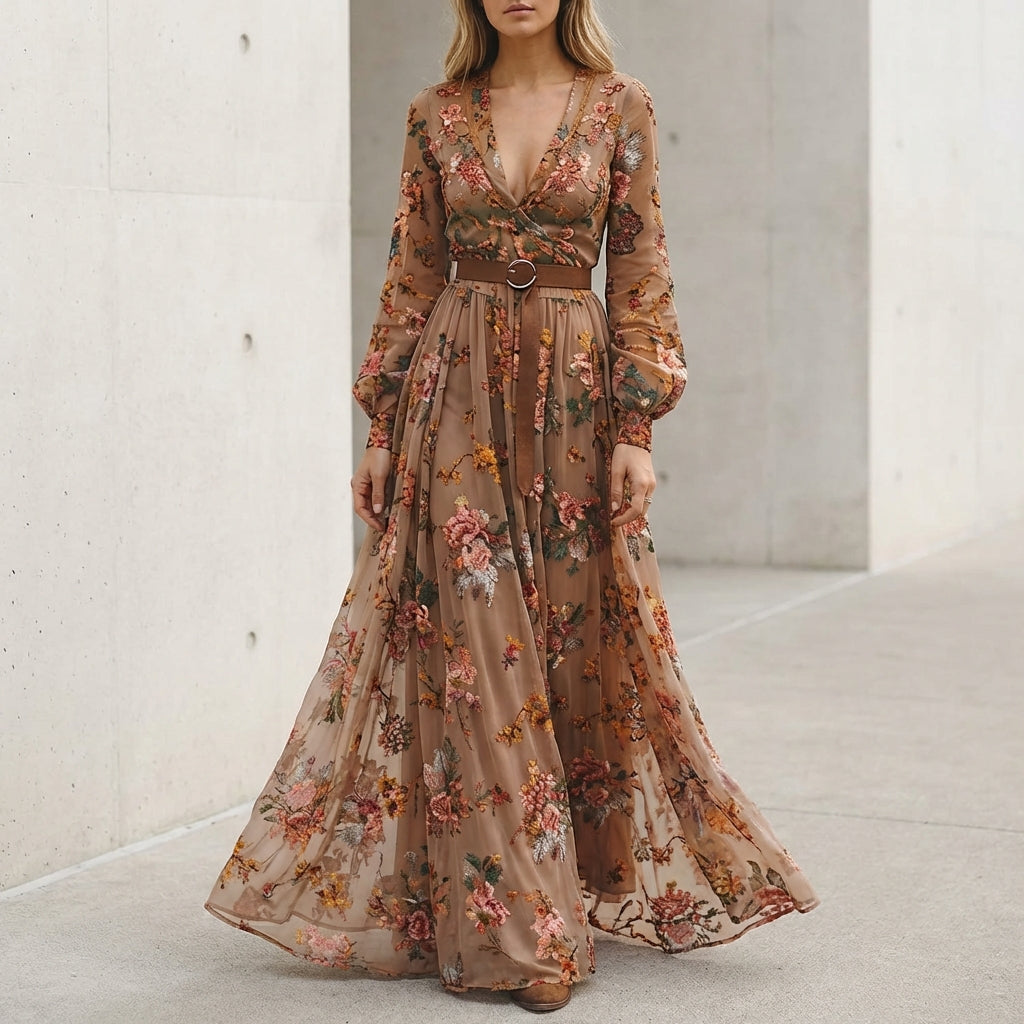 Aurora Embroidered Belted Maxi Dress | Ruffled Collared V-Neck Dress