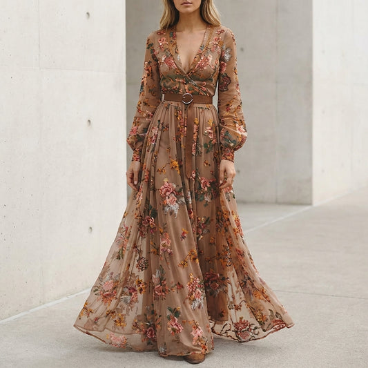 Aurora Embroidered Belted Maxi Dress | Ruffled Collared V-Neck Dress