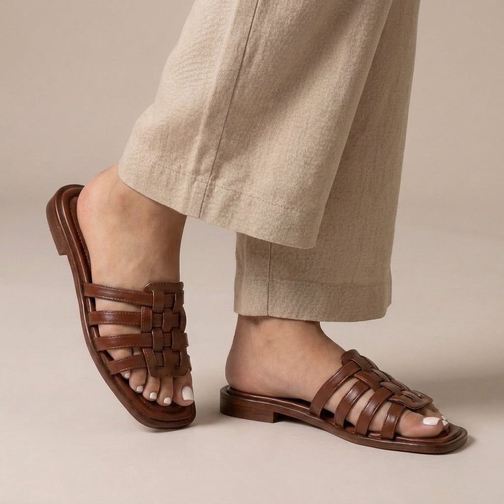 Sophia Slip-On Slides | Interwoven Straps Flat Sole Slides