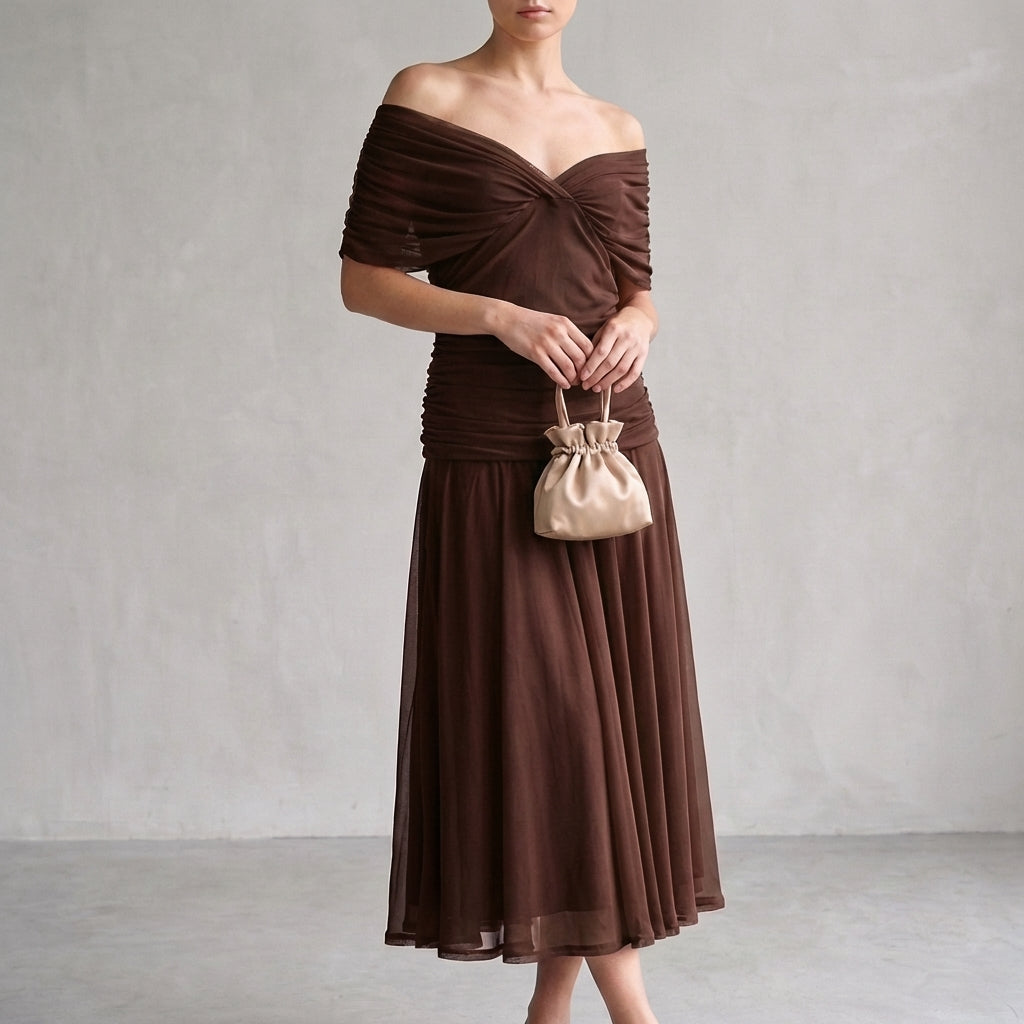 Aurora A-Line Midi Dress | Off-Shoulder Ruched Midi Dress