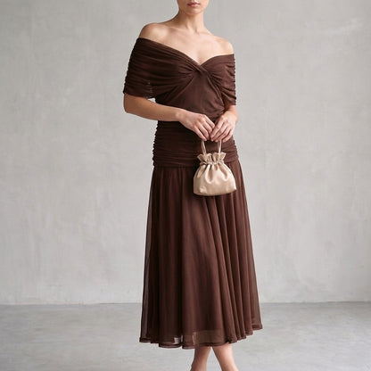 Aurora A-Line Midi Dress | Off-Shoulder Ruched Midi Dress