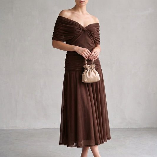 Aurora A-Line Midi Dress | Off-Shoulder Ruched Midi Dress