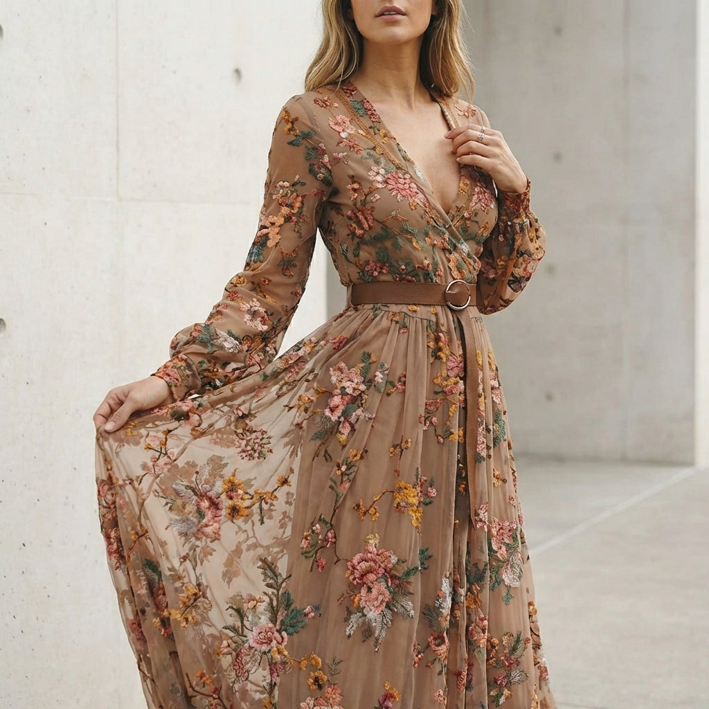 Aurora Embroidered Belted Maxi Dress | Ruffled Collared V-Neck Dress