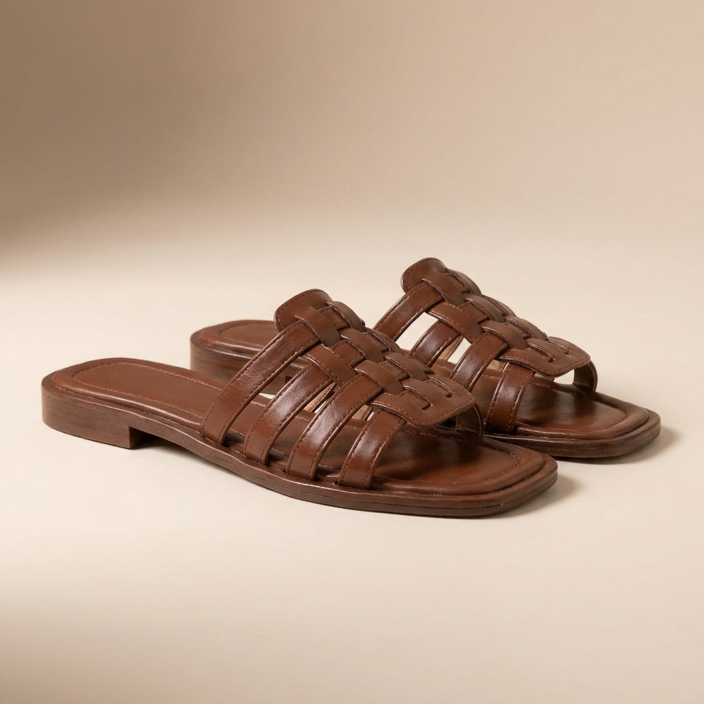 Sophia Slip-On Slides | Interwoven Straps Flat Sole Slides