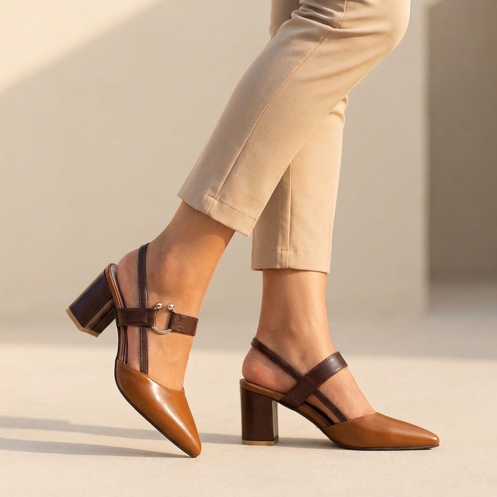 Isla Pointed Toe Slingback Block Heel Pumps | Colourblock Ring Buckle Pumps