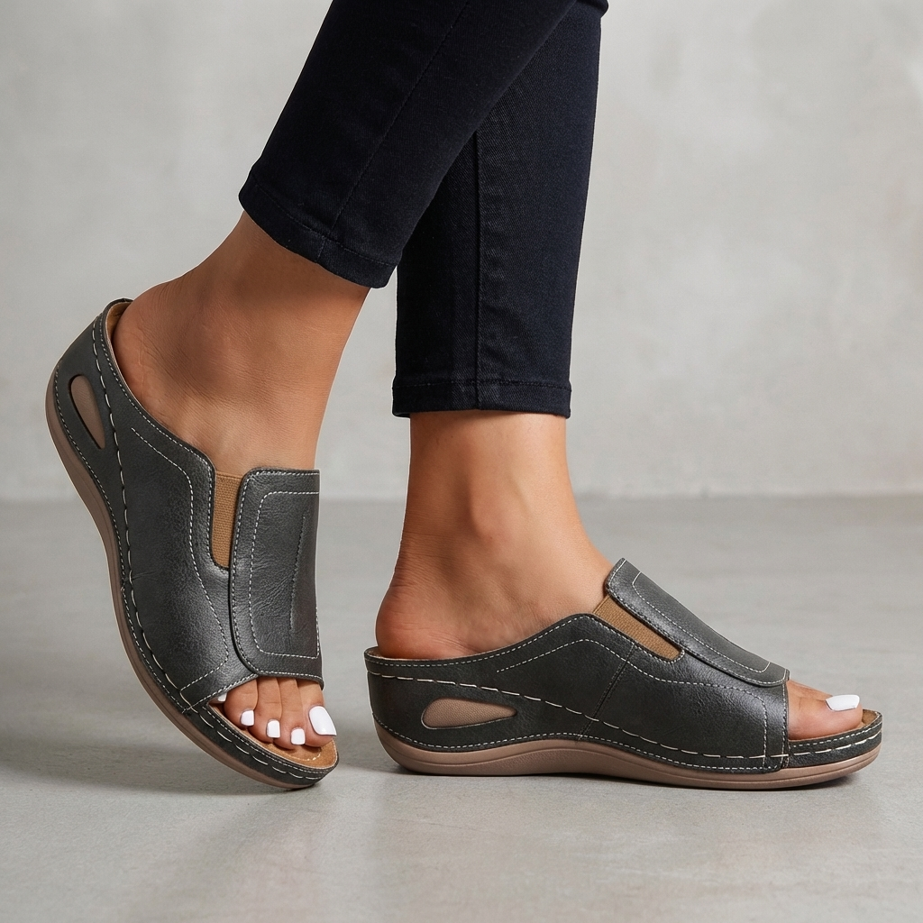 Isla Orthopedic Relaxed Fit Slide Sandals | Contrast Stitching Wedge Heel Sandals