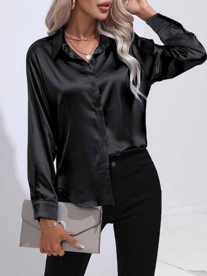 Clara Blouse | Women’s Satin Button-Up Long Sleeve Blouse