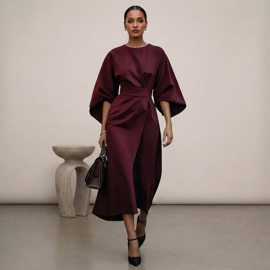 Isabella Relaxed Fit Dress | Round Neck Bat Sleeve Dress