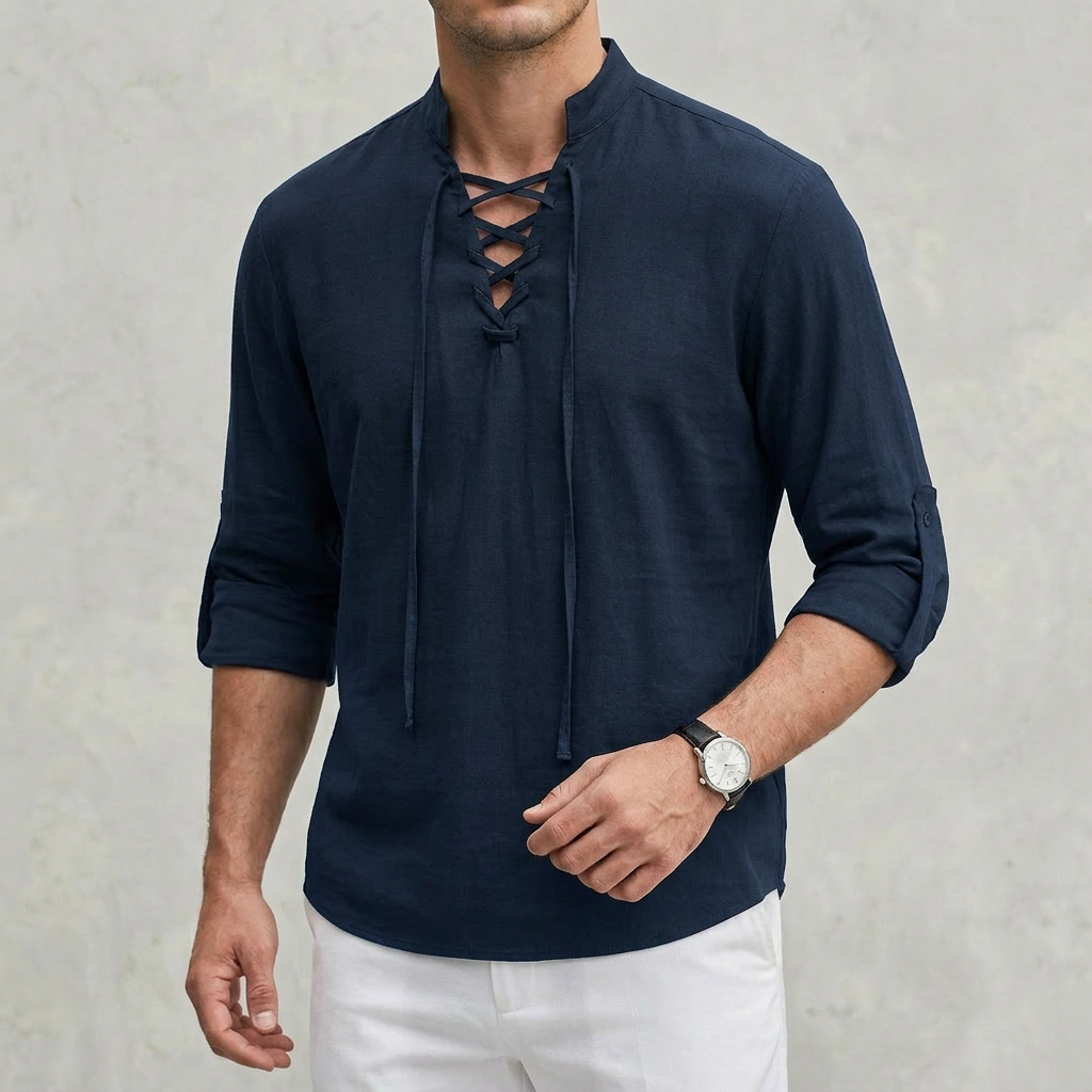 Arthur Relaxed Fit Shirt | Band Collar Lace-Up Neckline Shirt