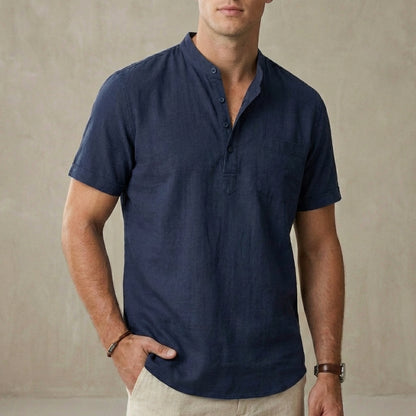 Leo Relaxed Fit Henley Shirt | Band Collar Chest Pocket Shirt