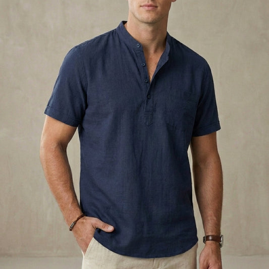Leo Relaxed Fit Henley Shirt | Band Collar Chest Pocket Shirt
