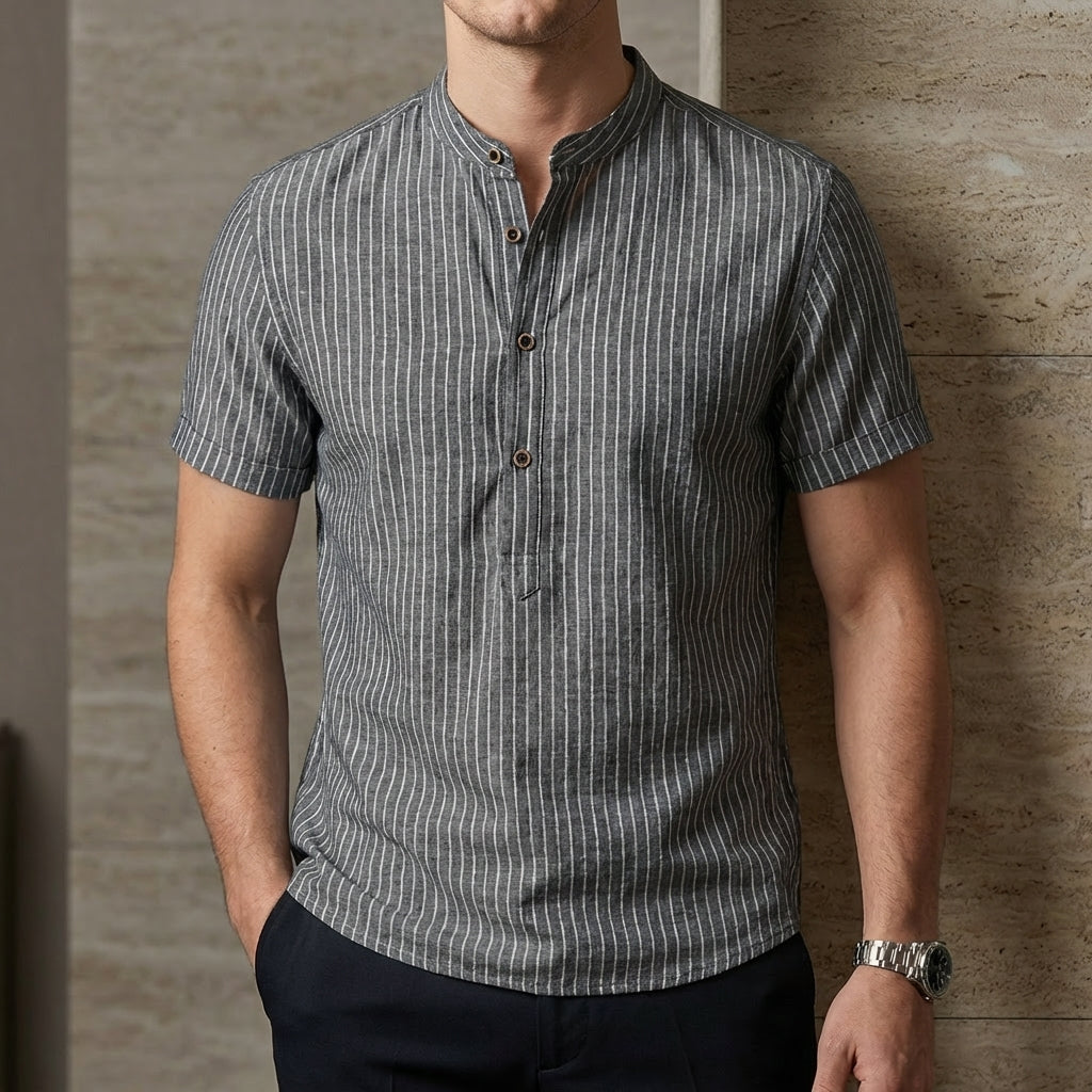 Oscar Relaxed Fit Band Collar Shirt | Striped Short Sleeve Shirt
