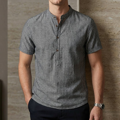 Oscar Relaxed Fit Band Collar Shirt | Striped Short Sleeve Shirt