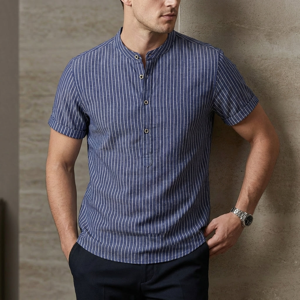 Oscar Relaxed Fit Band Collar Shirt | Striped Short Sleeve Shirt