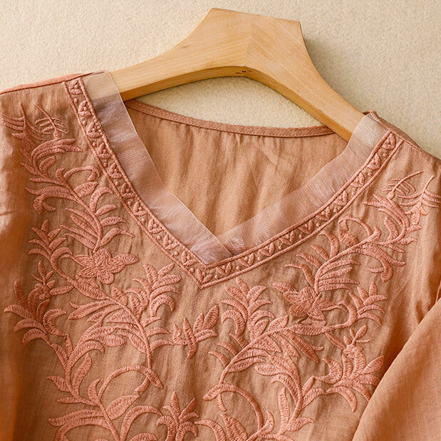 Isla Relaxed Fit Blouse | Embroidered V-Neck Three-Quarter Sleeve Blouse