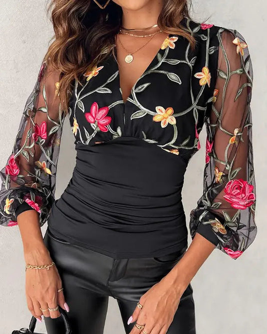 Elayne Blouse | Floral Embroidered Long Sleeve V-Neck Blouse