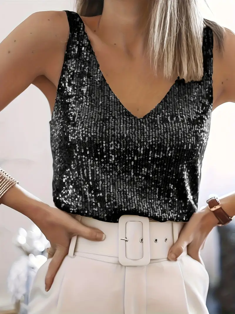 Elise Top | Sparkling Sequin V-Neck Sleeveless Blouse
