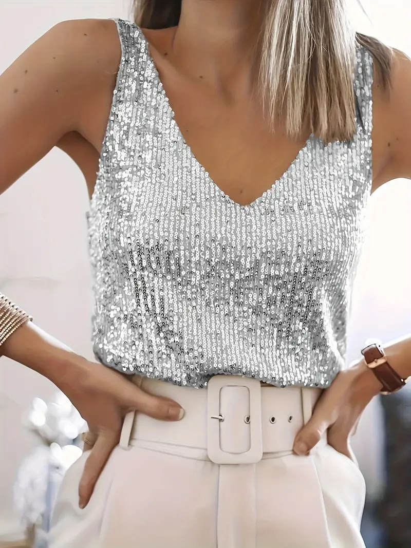 Elise Top | Sparkling Sequin V-Neck Sleeveless Blouse