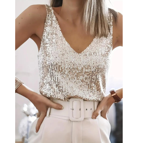 Elise Top | Sparkling Sequin V-Neck Sleeveless Blouse