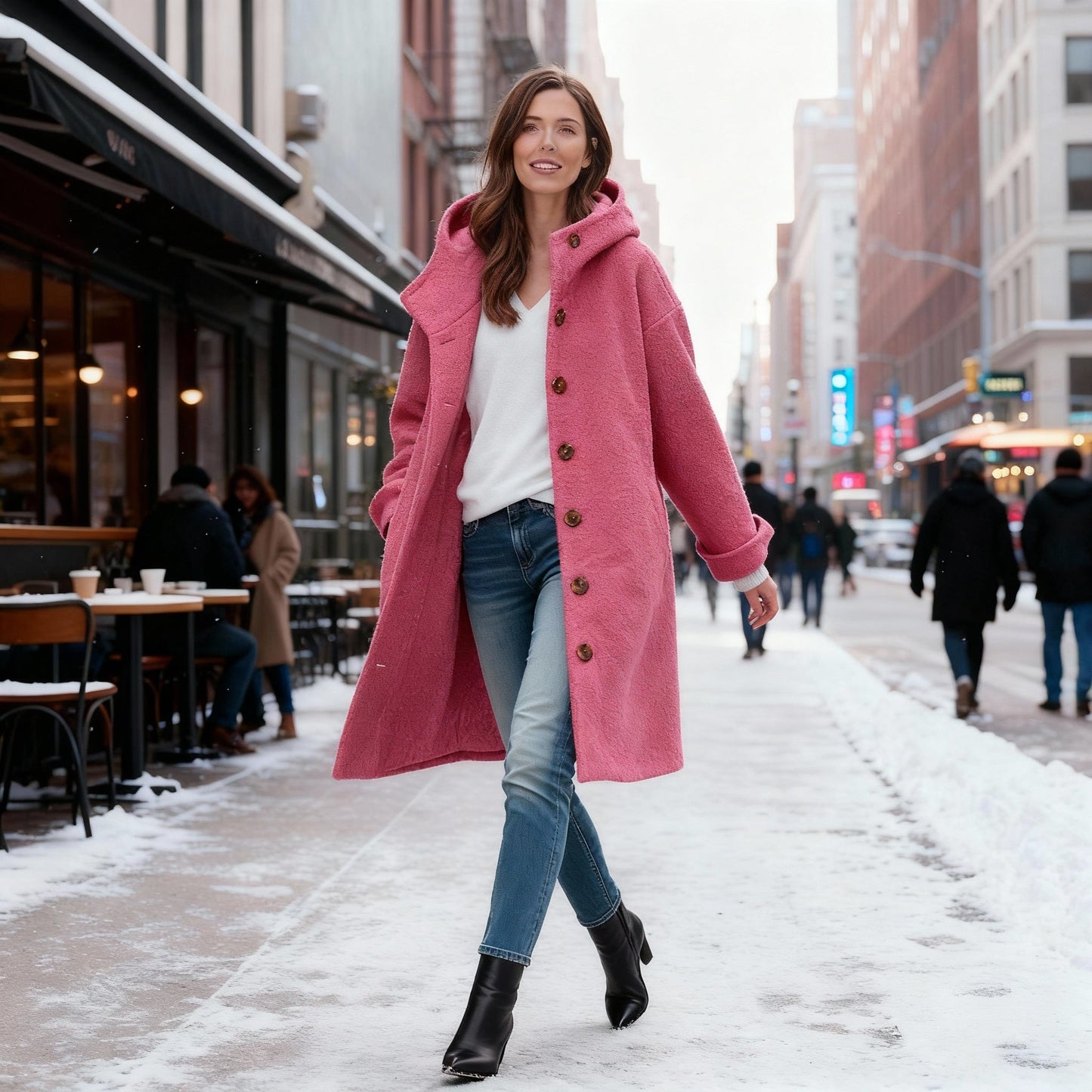 Amelia Hooded Coat | Relaxed Fit Button Front Winter Coat