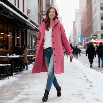 Amelia Hooded Coat | Relaxed Fit Button Front Winter Coat