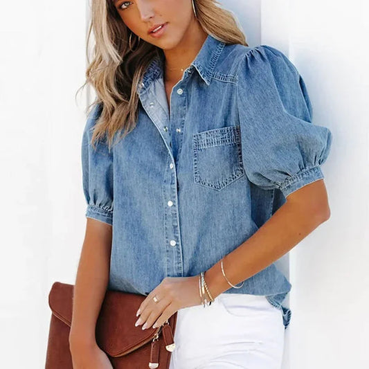 Fabian Shirt | Puff Sleeve Button-Up Denim Top