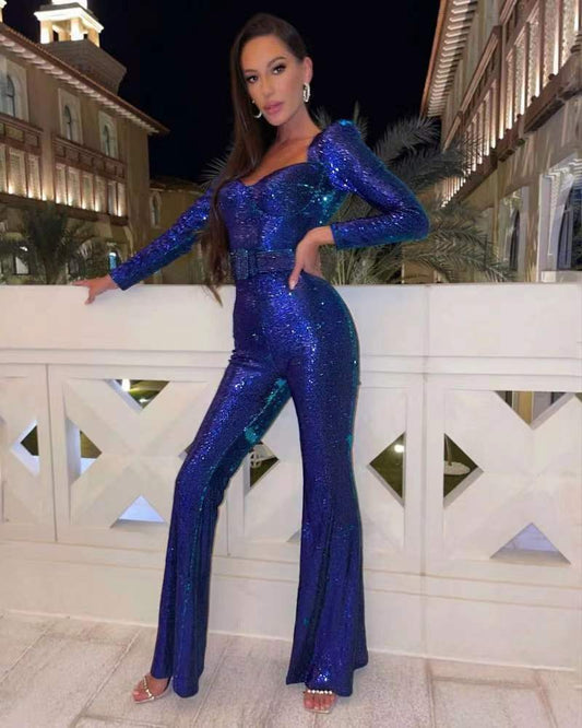 Faline Jumpsuit | Sequin Long Sleeve Flared Jumpsuit