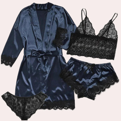 Fanni Set | Women's Satin Lace 4-Piece Pajama Set
