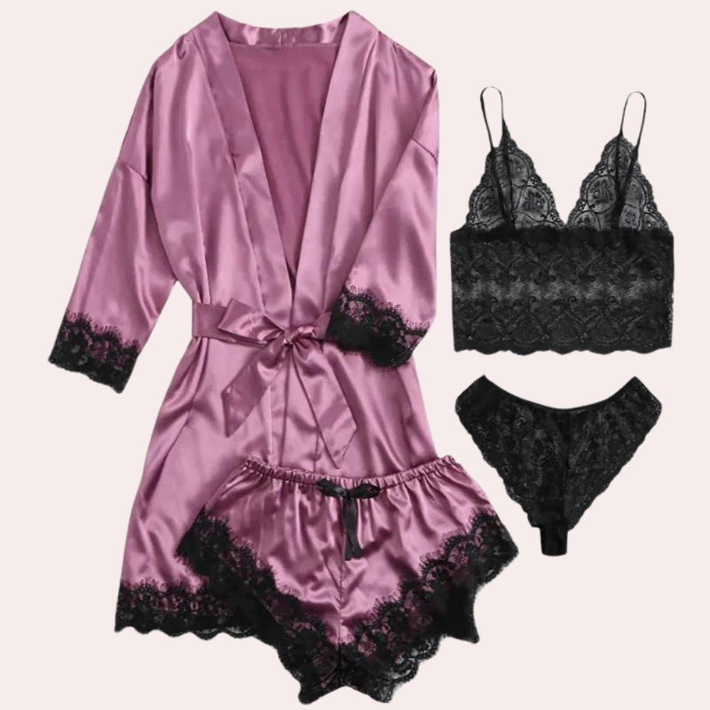 Fanni Set | Women's Satin Lace 4-Piece Pajama Set