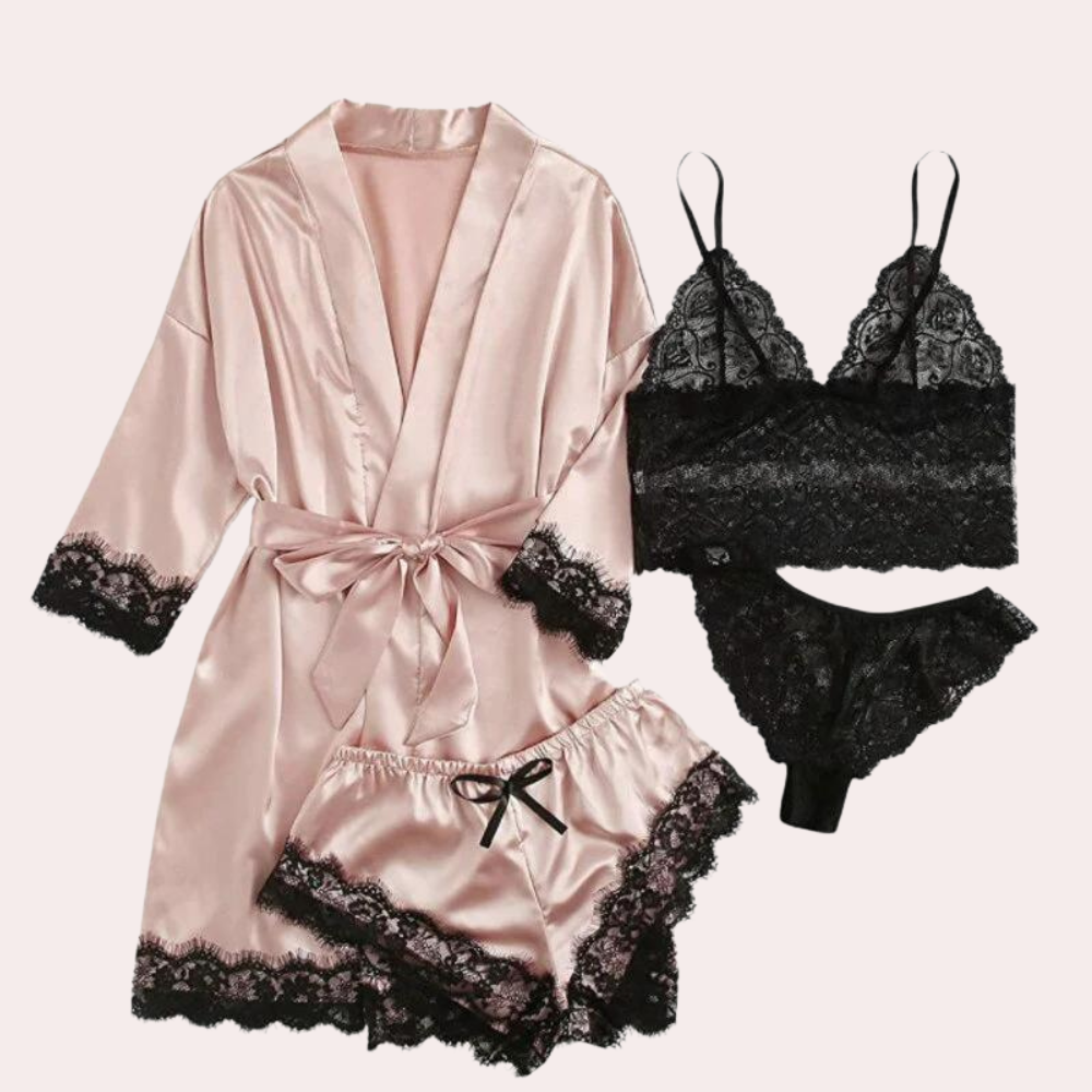 Fanni Set | Women's Satin Lace 4-Piece Pajama Set