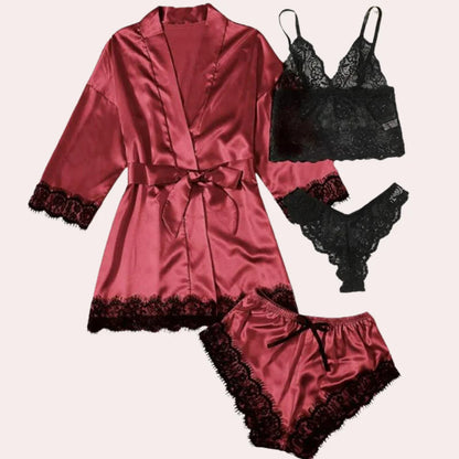 Fanni Set | Women's Satin Lace 4-Piece Pajama Set