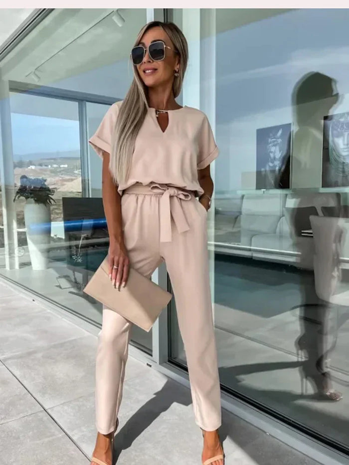 Farheen Jumpsuit | Short Sleeve V-Neck Belted Jumpsuit