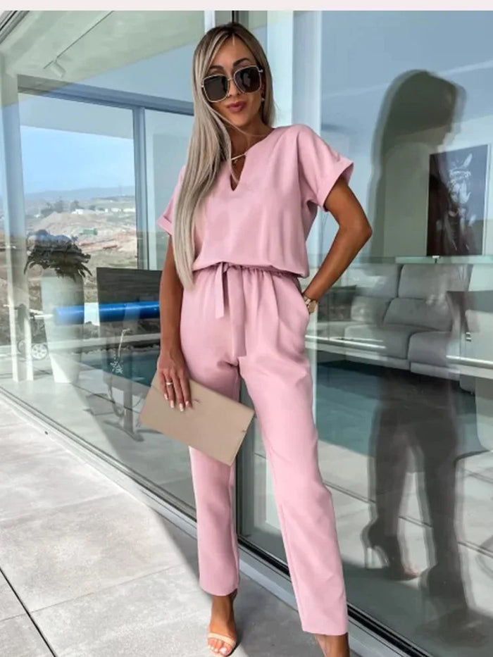 Farheen Jumpsuit | Short Sleeve V-Neck Belted Jumpsuit